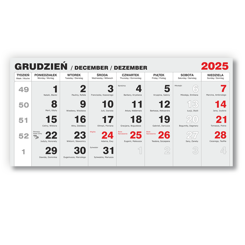 Kalendaria trójdzielne 2026 bloczek z miesiącem poprzednim. Na szarym tle czarne opisy dni tygodnia i czerwone niedziele i święta