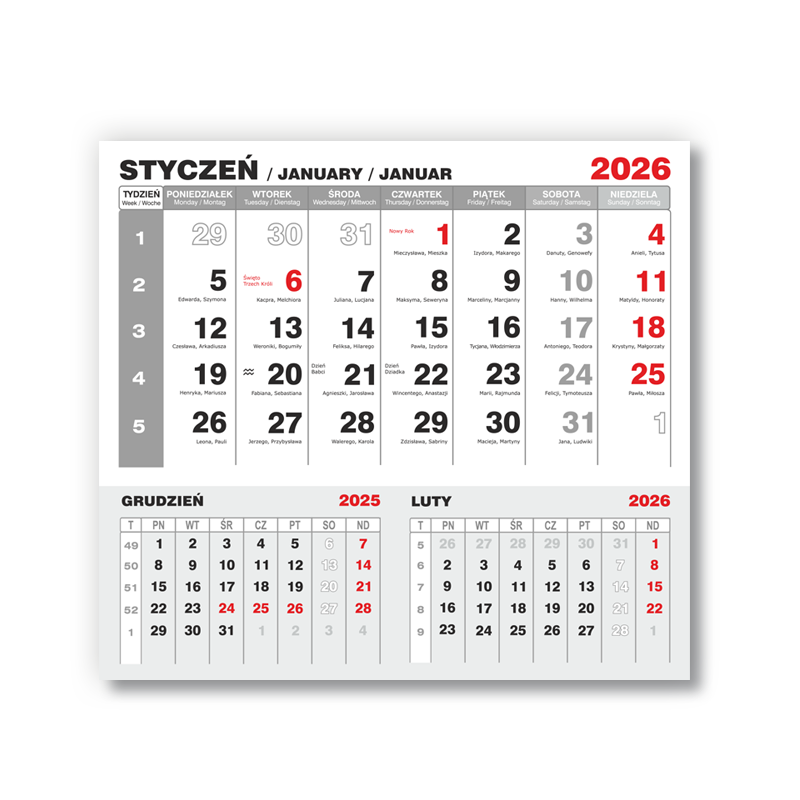 Kalendaria biurkowe 2026 Przykładowa strona - styczeń
