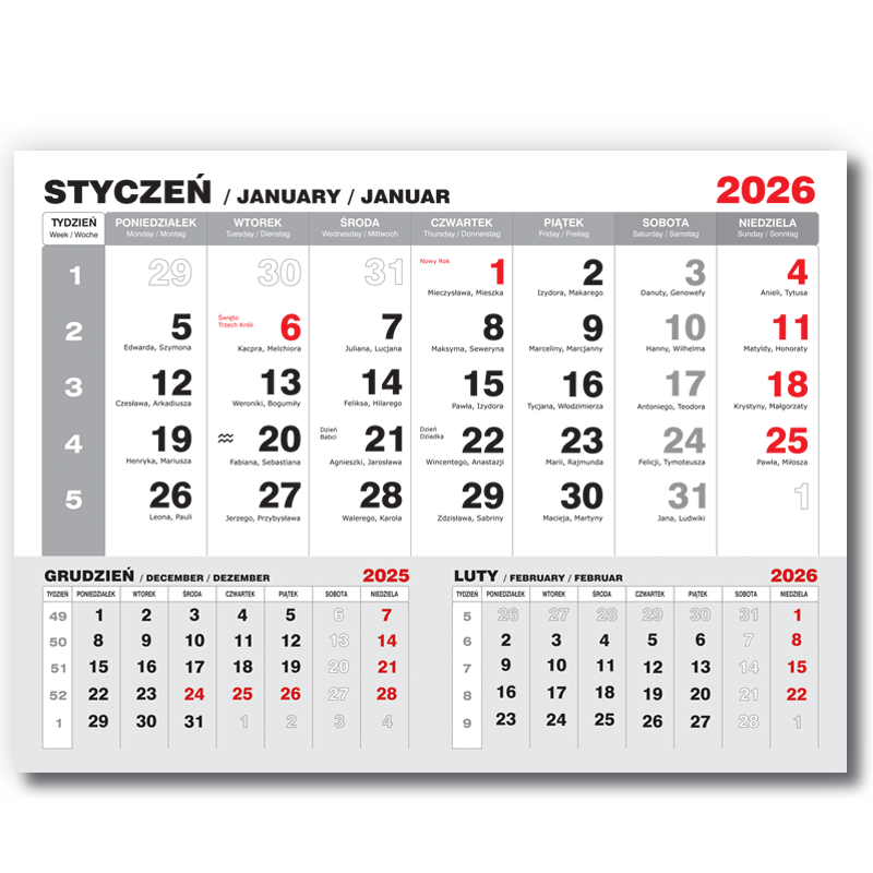 Kalendarium jednodzielne 2026 w zestawie z okienkami Przykładowa strona - styczeń