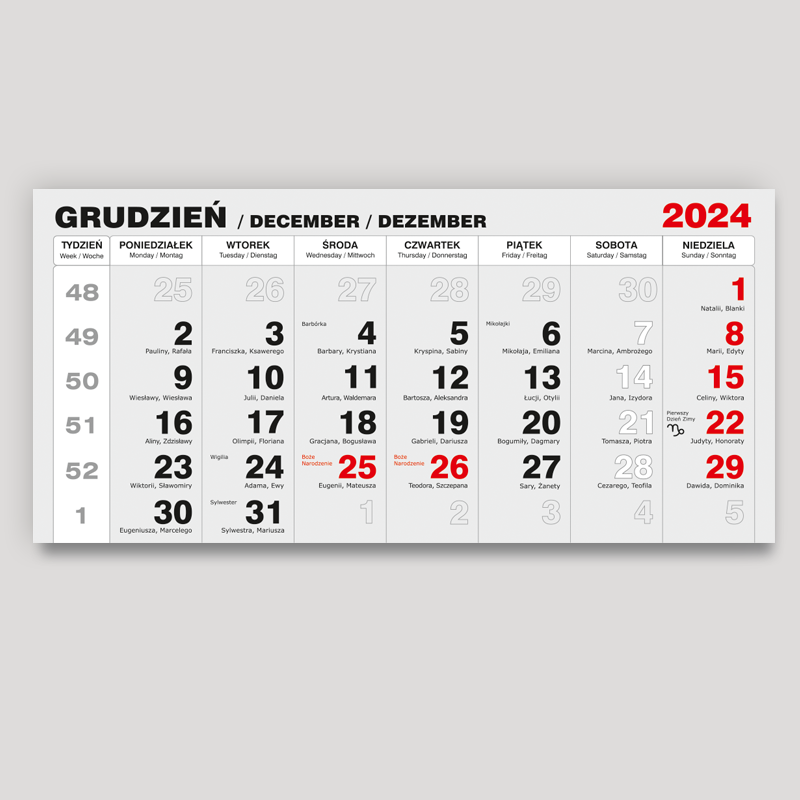 Kalendaria trójdzielne 2025 bloczek z miesiącem poprzednim. Na szarym tle czarne opisy dni tygodnia i czerwone niedziele i święta